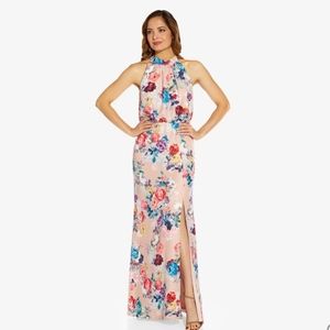 Adrianna Pappell Floral Long Satin Jacquard Blouson Halter Gown Blush Mu…